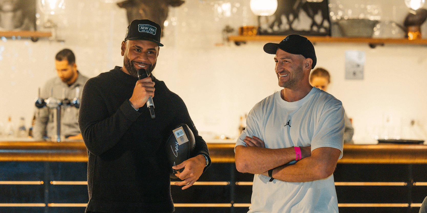Former England rugby player Jonny May and Joe Cokanasiga hosting The Gate hospitality experience at the 2024 Autumn Nations Series at Allianz Stadium