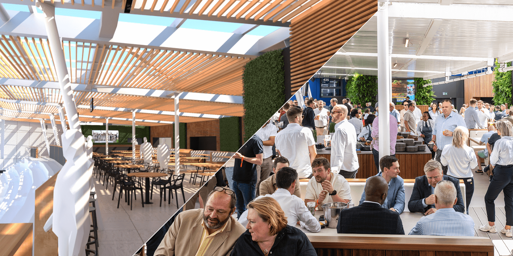 Skyline hospitality space at Edgbaston Stadium cricket ground CGI and real life collage