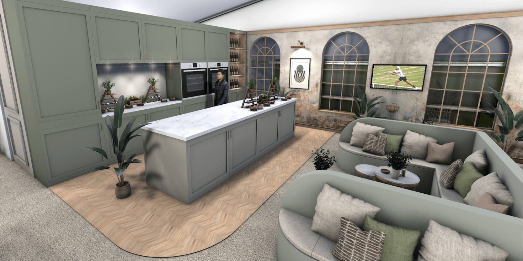 A CGI image of The View hospitality space at the Queen's Club tennis tournament with a kitchen central to the space