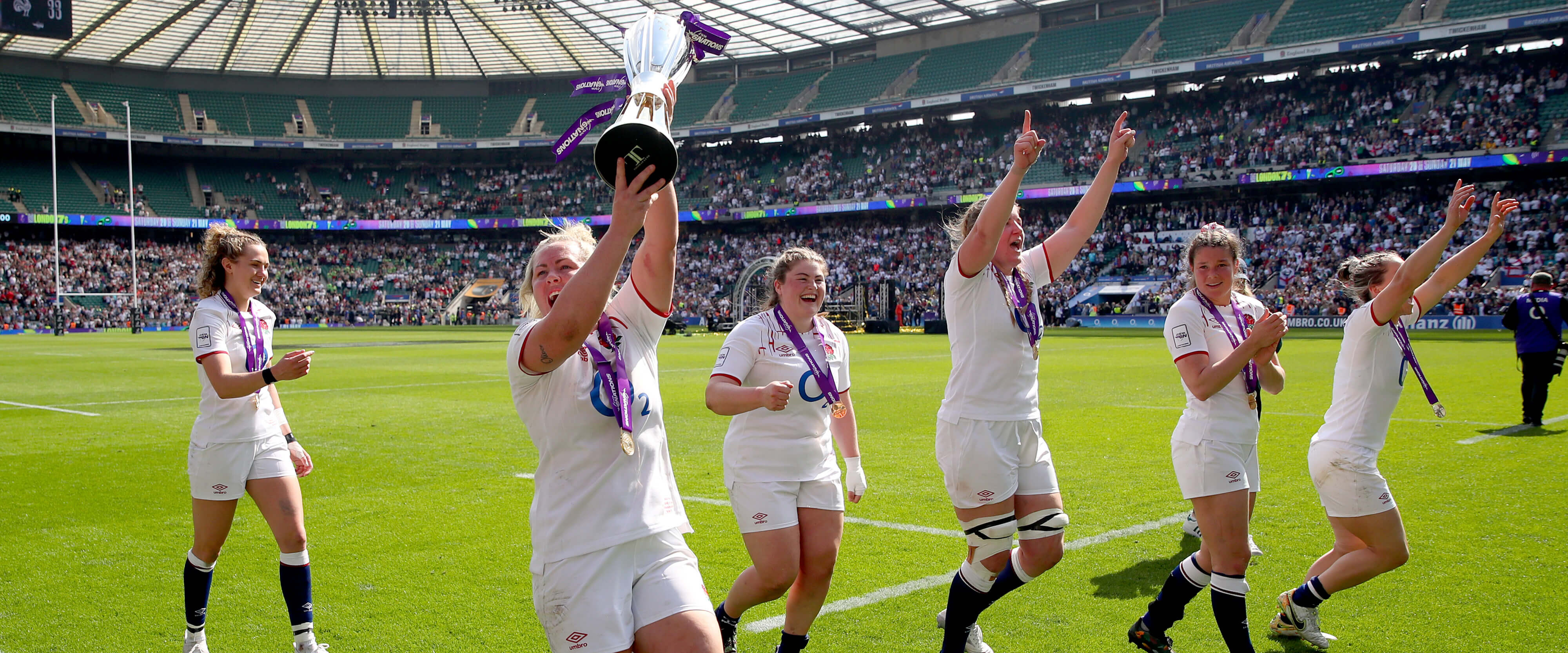 Red Roses celebrating a win at Twickenham Stadium