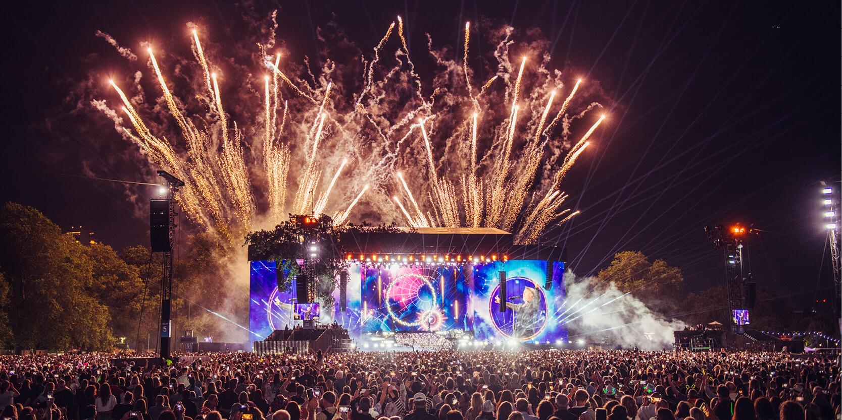 The Great Oak Stage at American Express presents BST Hyde Park with fireworks and the crowd enjoying the music for the headline act