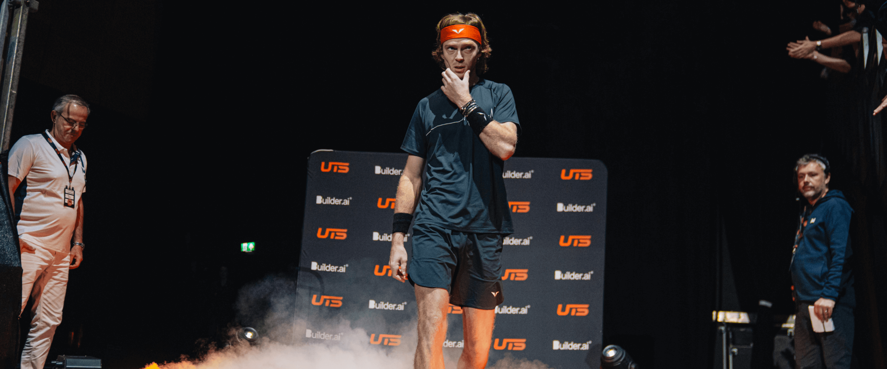 Tennis player Andrey Rublev walking out onto court for the UTS Tennis event in 2023 in London
