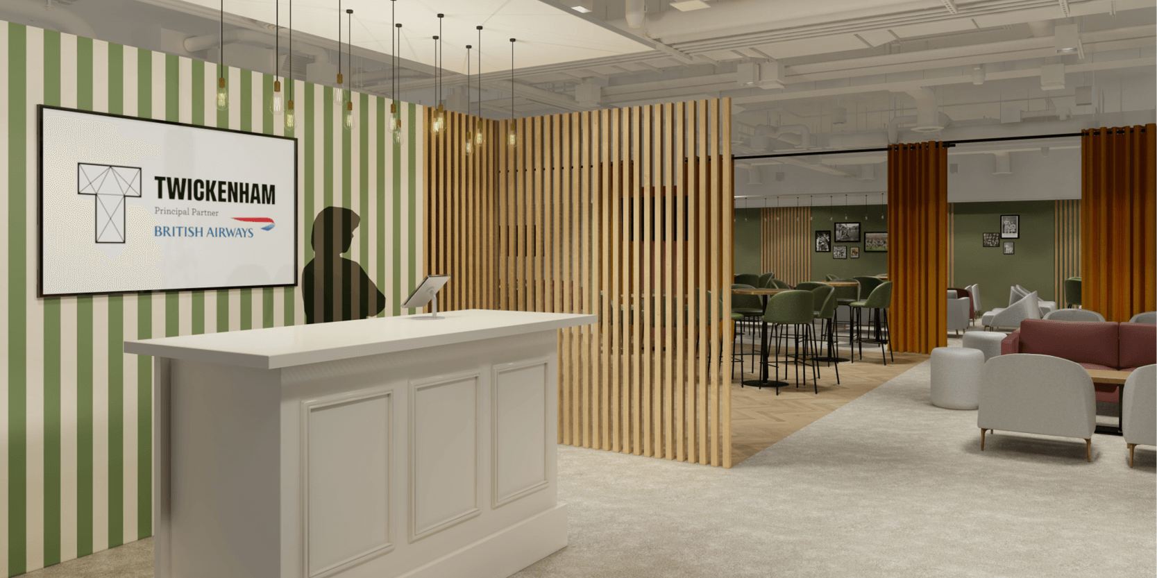 The Grand Slam hospitality experience entrance and reception desk at Twickenham Stadium in the South Stand