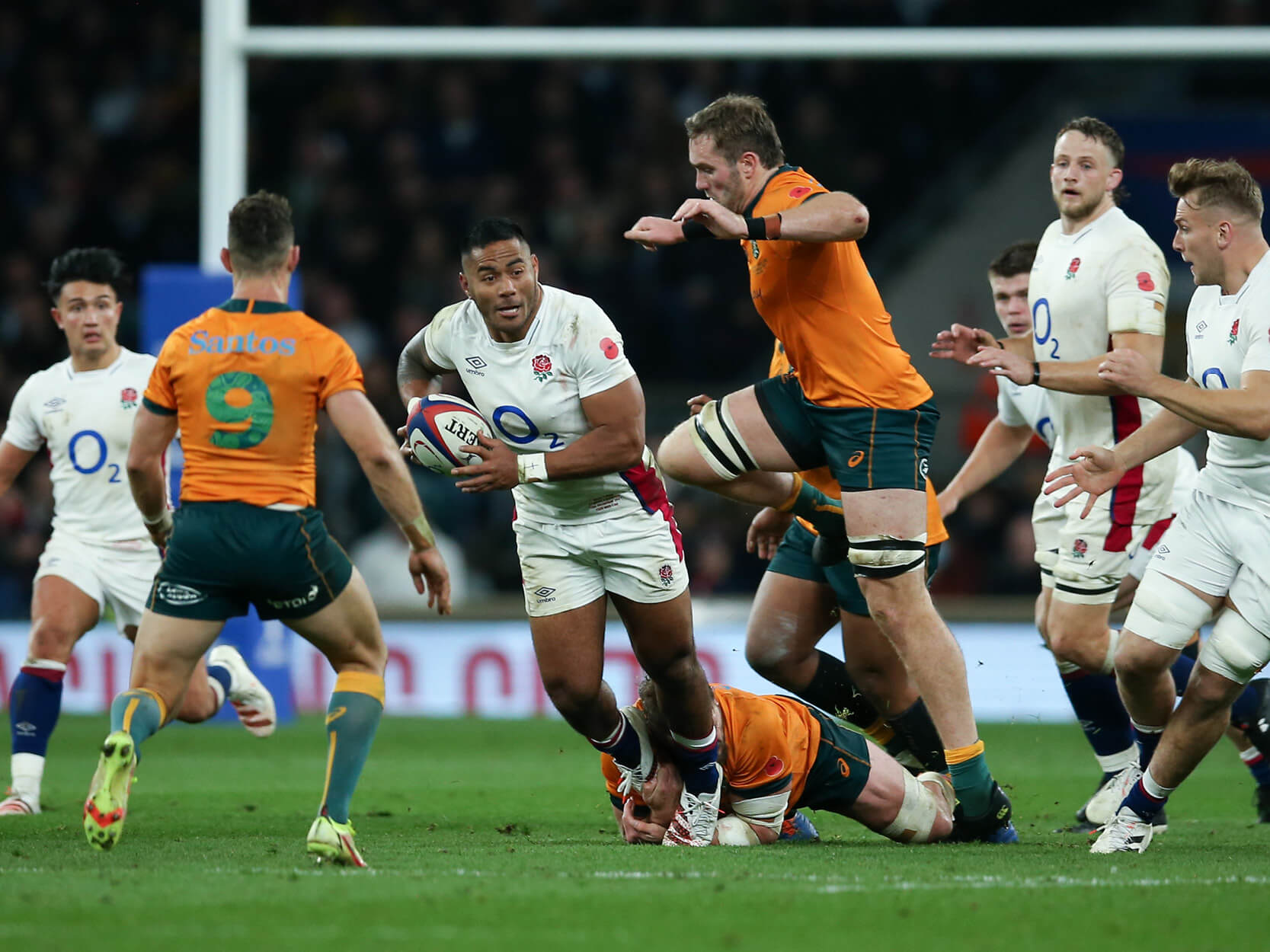 Manu Tuilagi running with the ball at Twickenham during the Autumn Nations Series against Australia