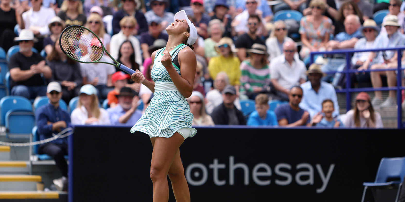 Female tennis player Madison Keys celebrating a win on court at the Rothesay International Eastbourne in 2023