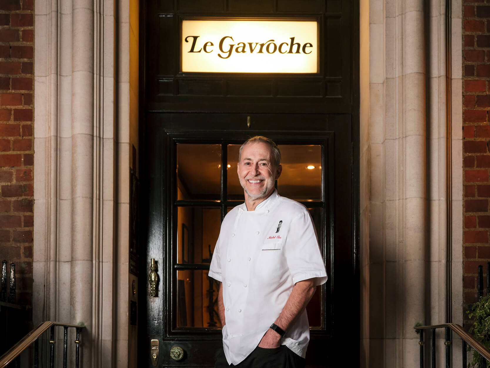 Chef Michel Roux standing outside the famous Le Gavroche restaurant in Mayfair set up by Albert and Michel Roux