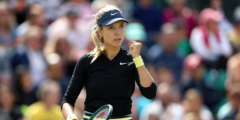 Katie Boulter celebrates winning a point at The Rothesay International Tennis Tournament in Eastbourne in 2024