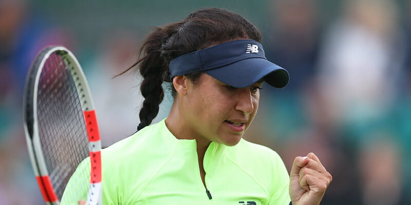 Heather Watson celebrates winning a point in a tennis tournament in 2024