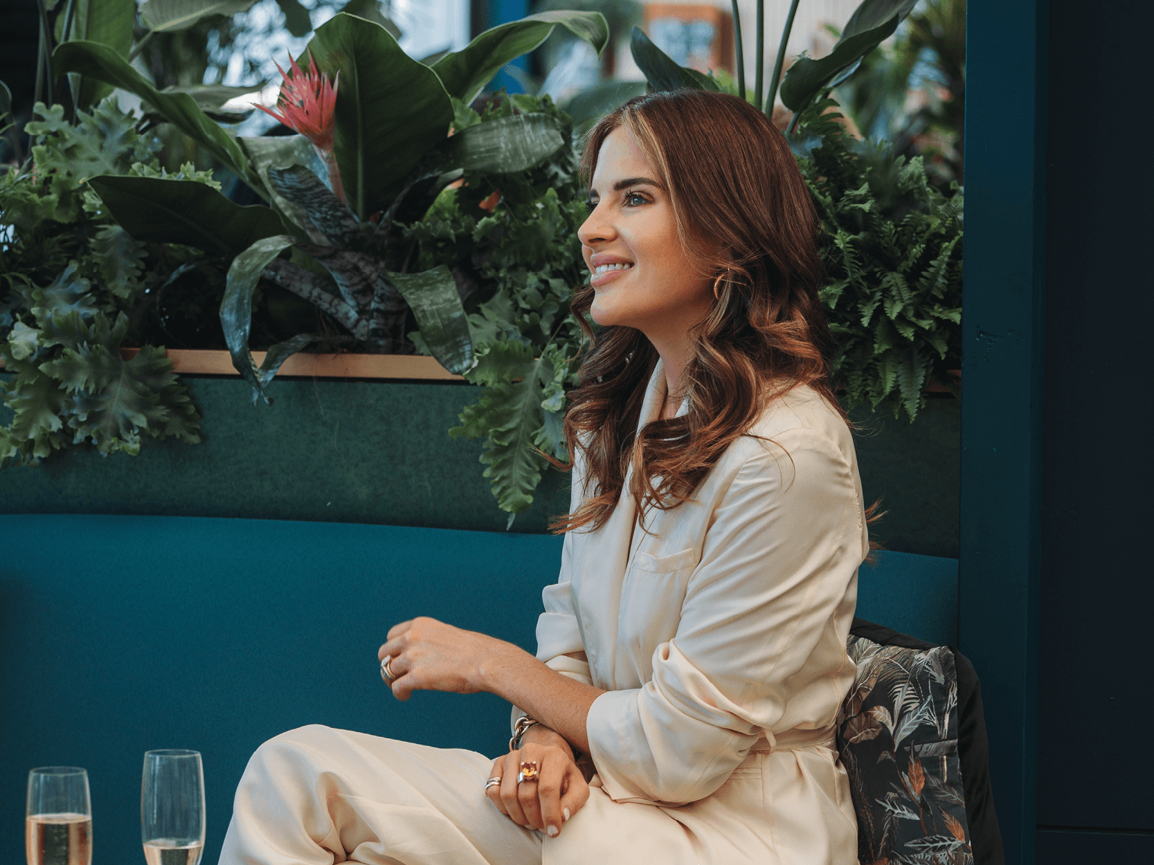 Former made in Chelsea star Binky Felstead sitting in the Treehouse hospitality at Wimbledon with Keith Prowse