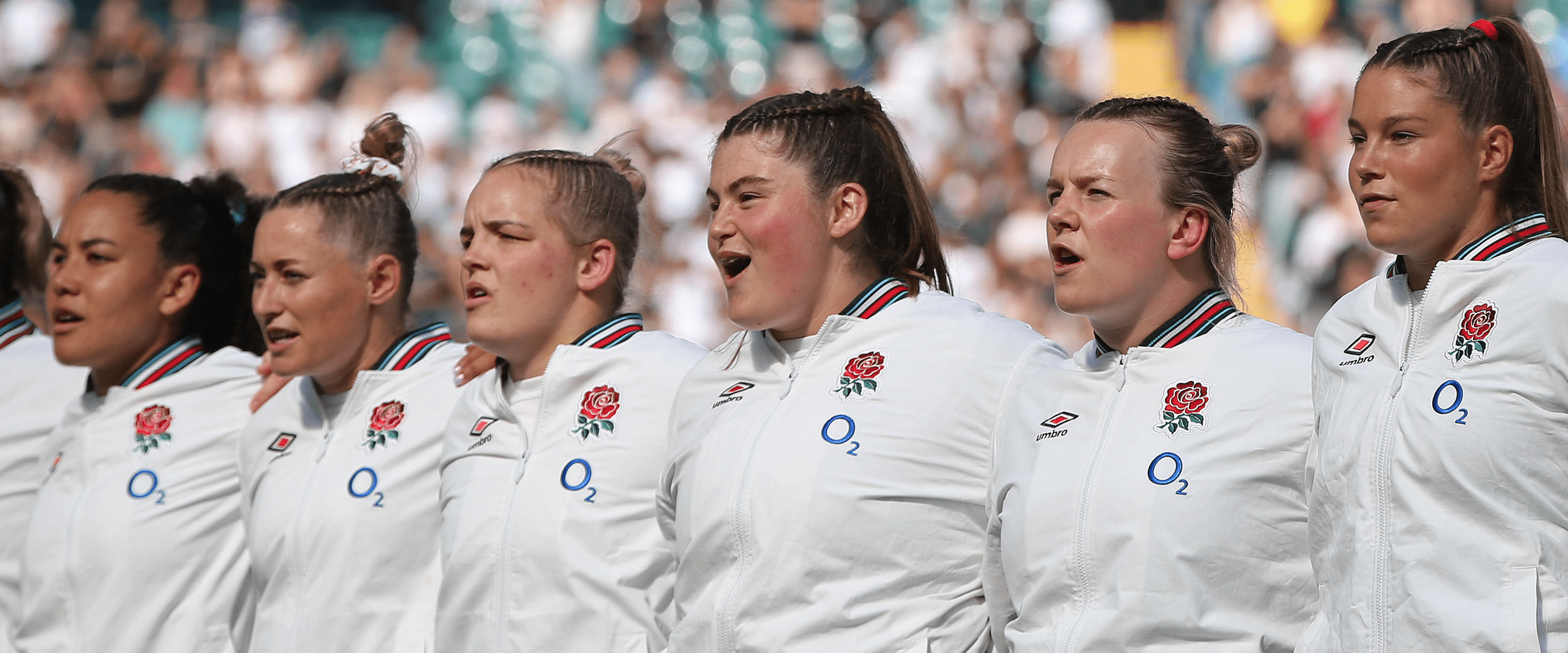 England's Red Roses rugby team lined up singing the national anthem before a match