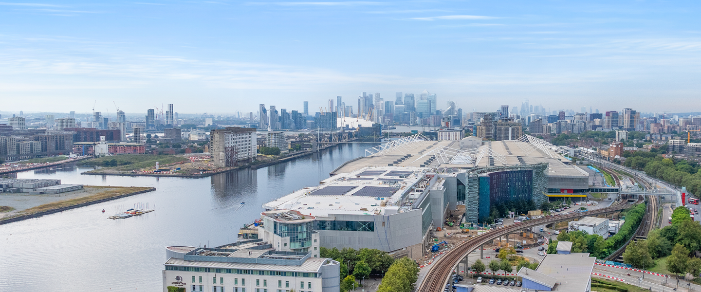 drone view of excel london and the london skyline