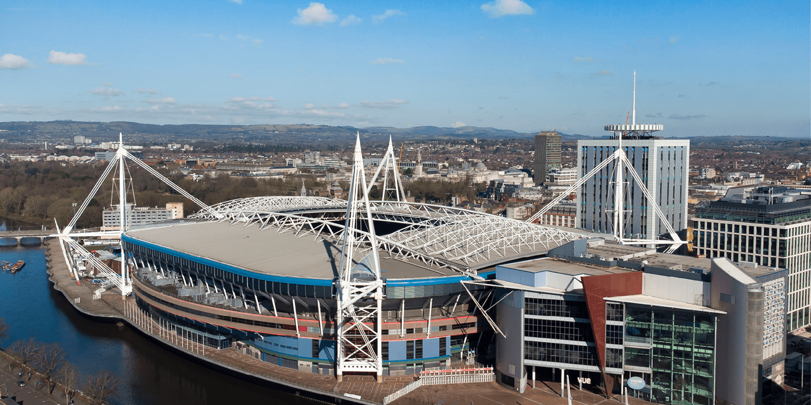 View of Principality Stadium on the river in Cardiff