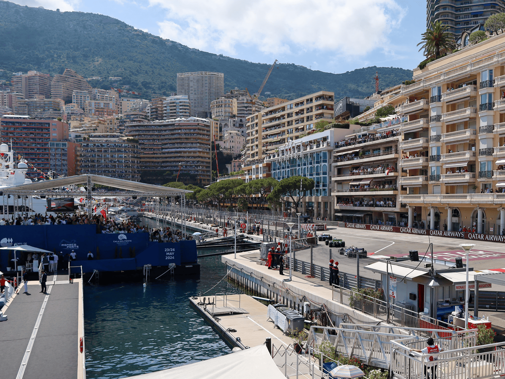 View from a yacht of the race during the Formula One Monaco Grand Prix