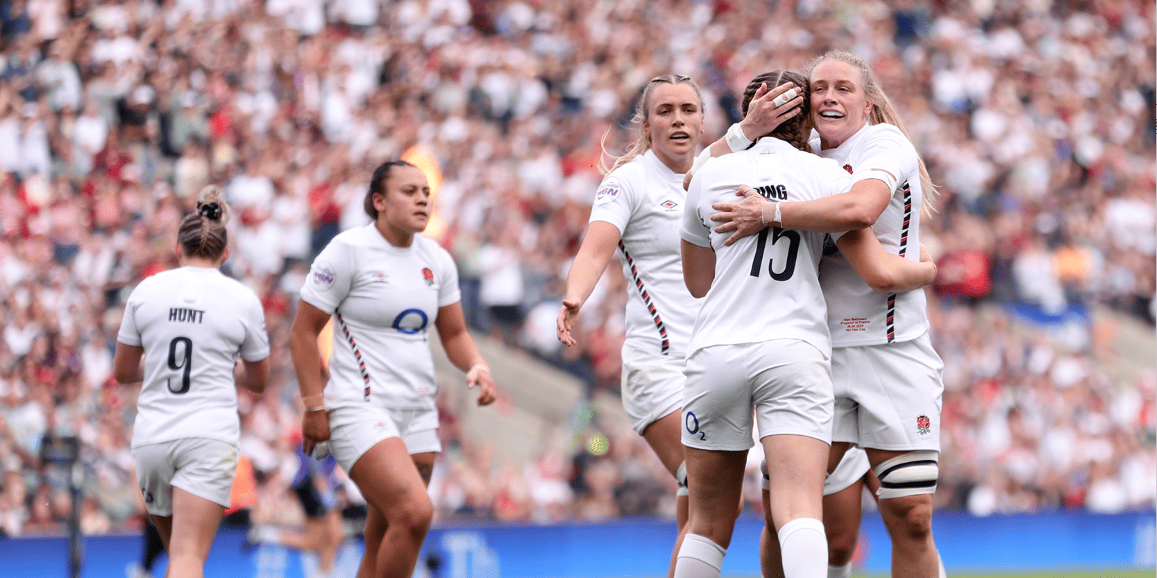 England Rugby women's team the Red Roses cheering and celebrating a win at Allianz Stadium, Twickenham