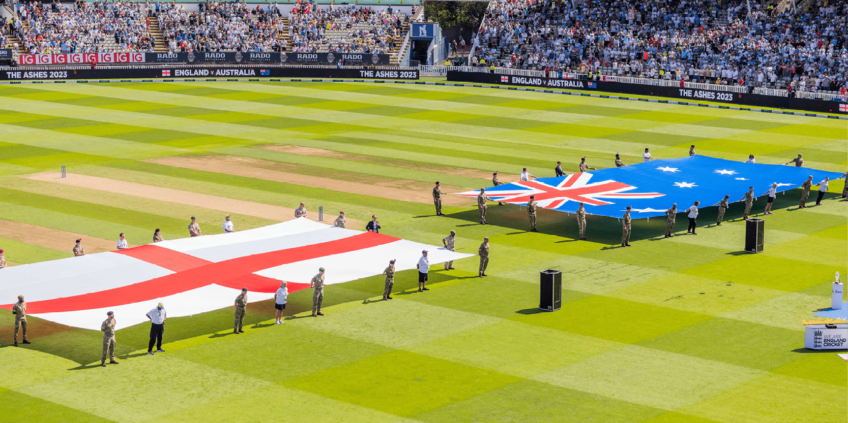 England and Australia flags on the pitch at Edgbaston before the Ashes Test Series in the UK