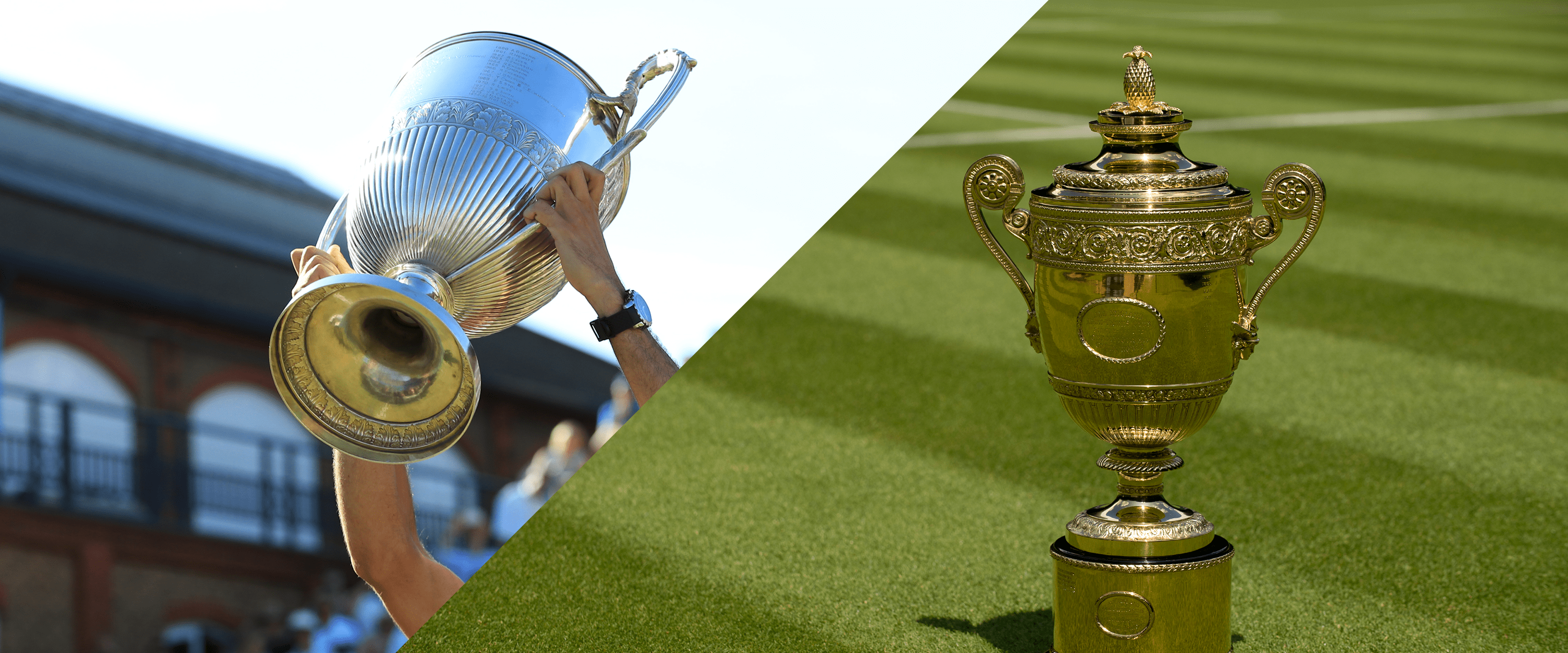 Image of the trophy from the British grass-court tournaments at The Queen's Club Championships in West Kensington and the trophy for the Championships Wimbledon