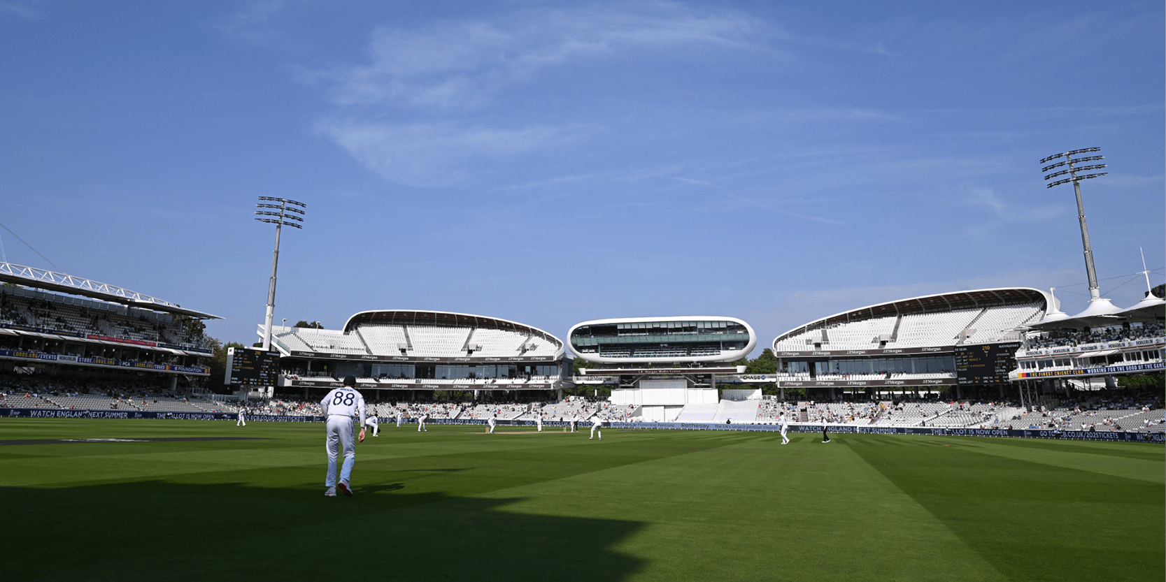 View from the cricket pitch of Lord's Cricket ground clubhouse and pavilion
