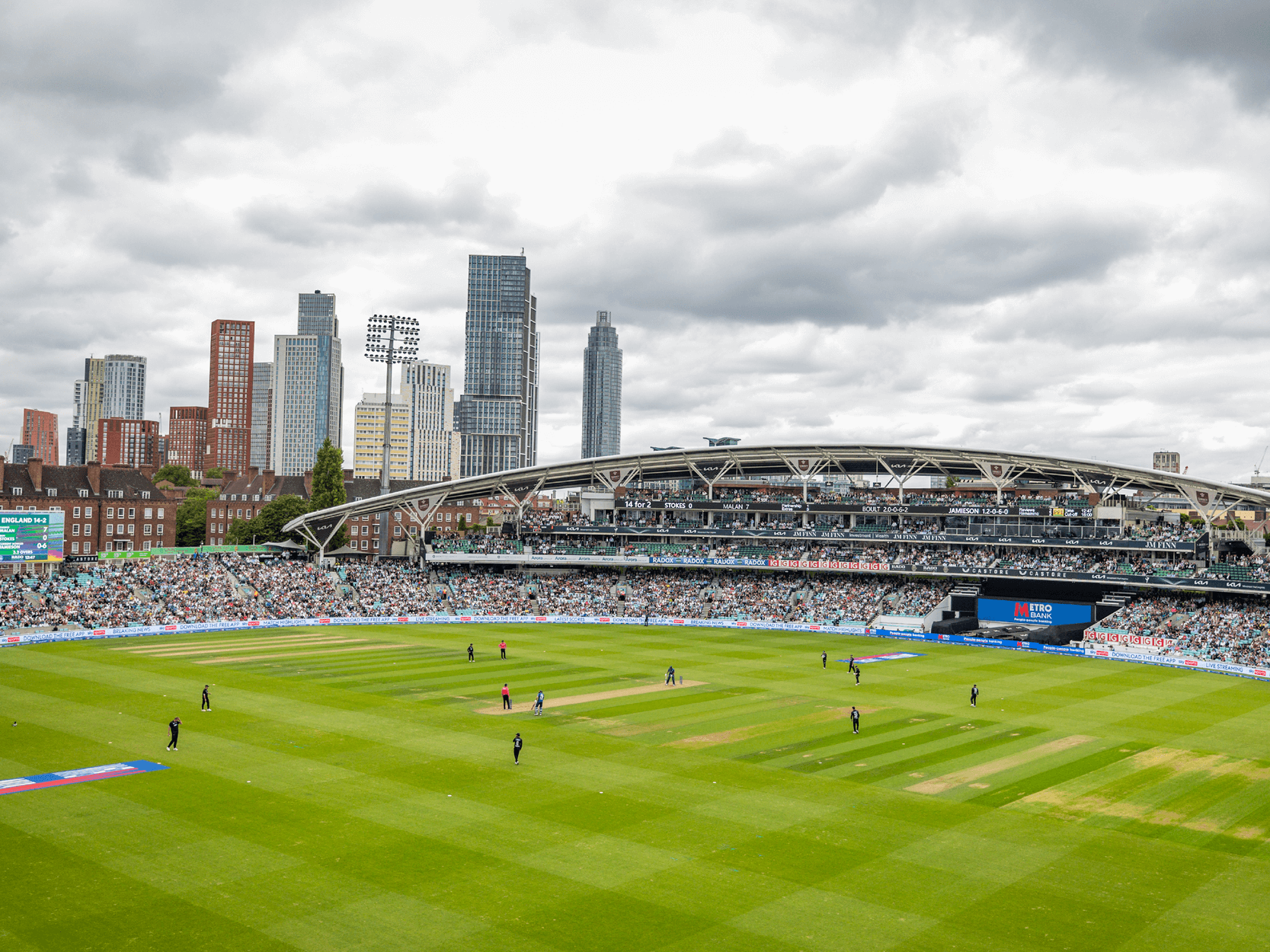 View of the Kia Oval cricket pitch and London skyline