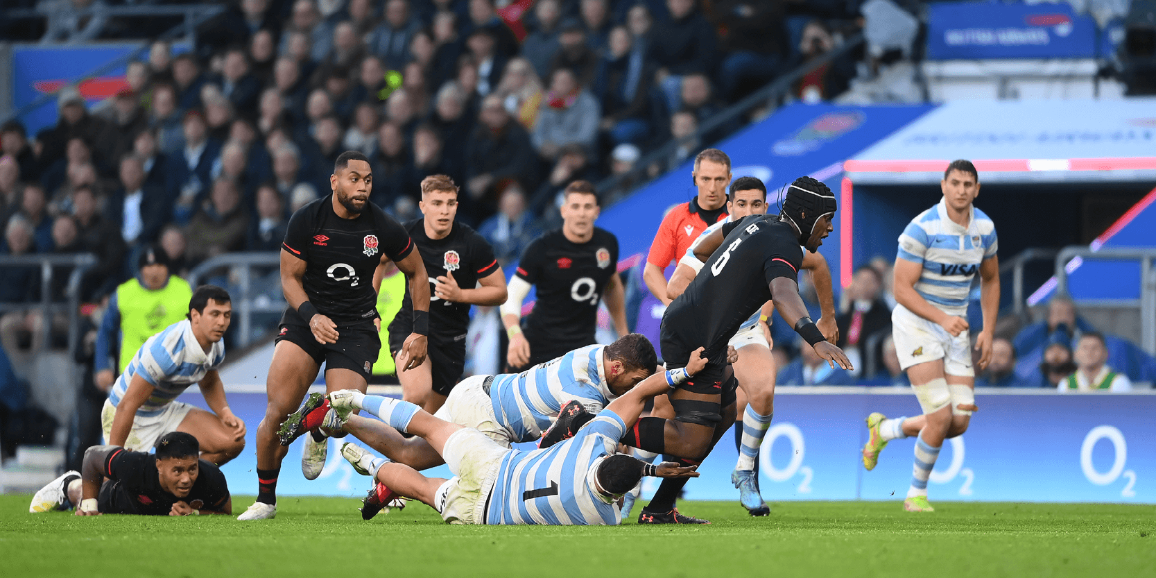 England rugby player Maro Itoje running with the ball during a match against Argentina at Allianz Stadium Twickenham