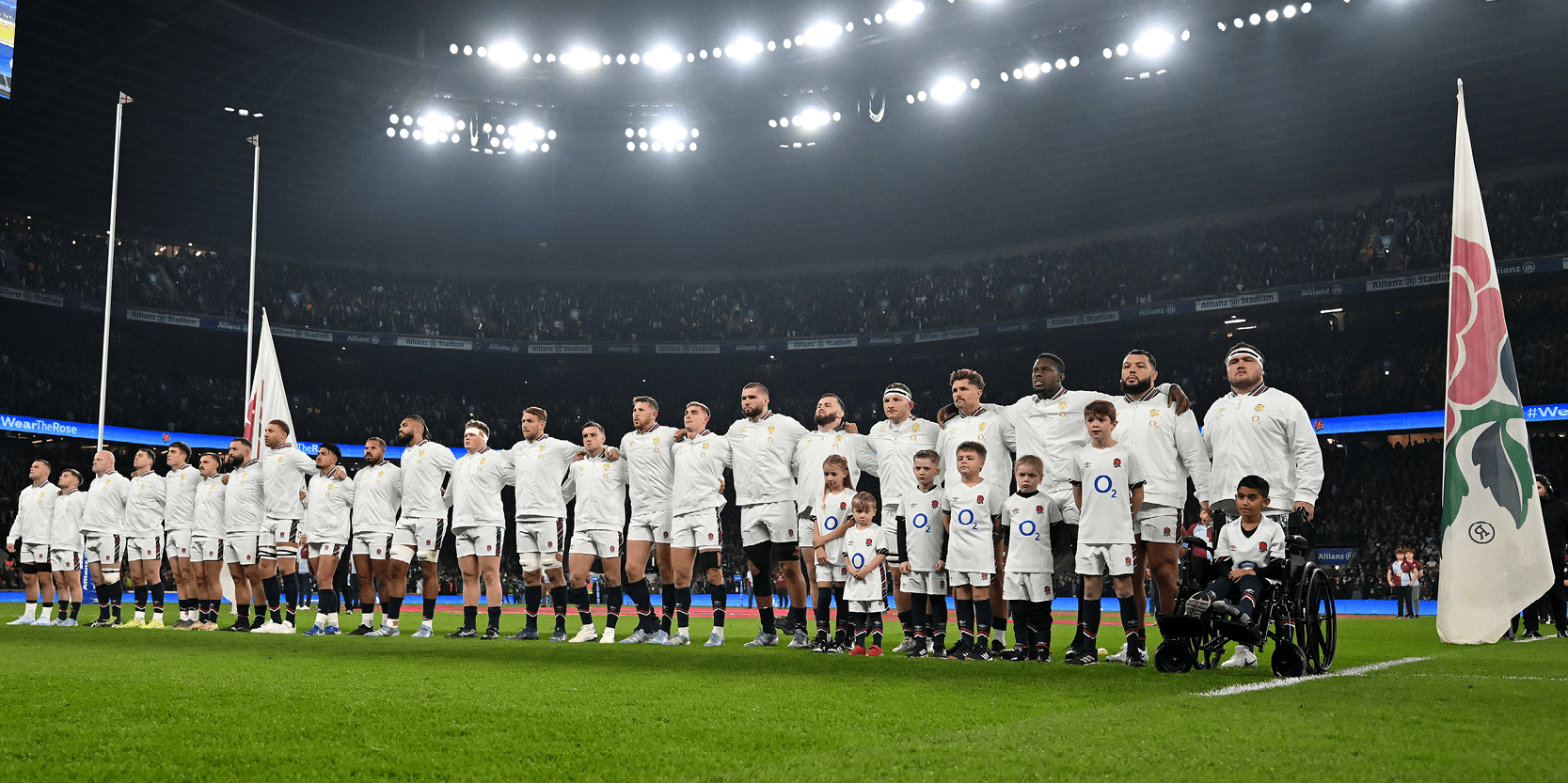 England Rugby team lining up to sing the national anthem before a match at Allianz Stadium Twickenham