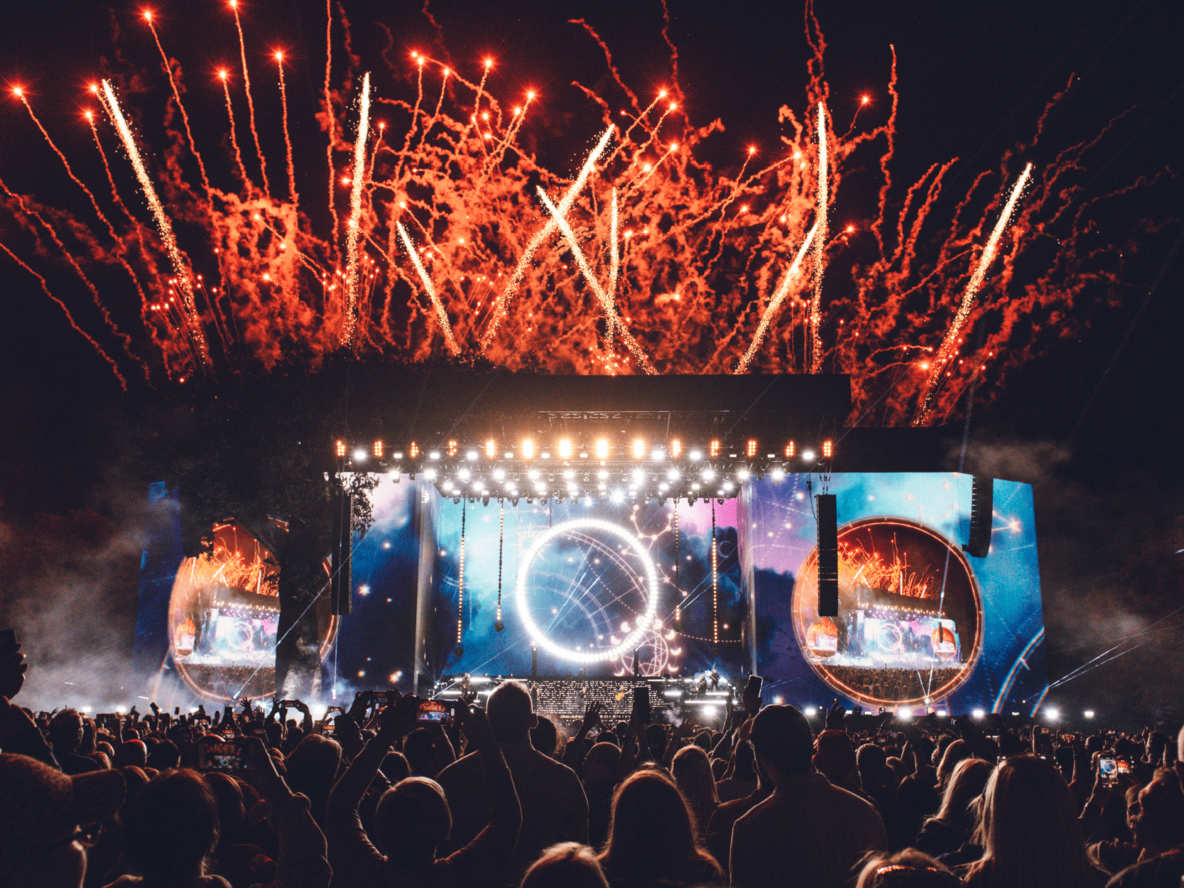 View of the main stage at BST Hyde Park with fireworks during a performance