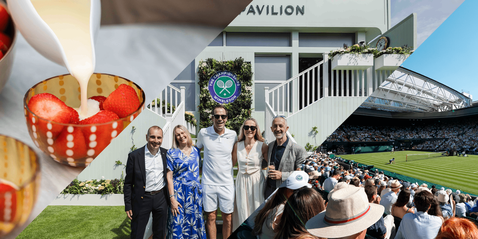 Collage of images from Wimbledon 2025 and hospitality with Keith Prowse including strawberries and cream, tennis player Greg Rusedski with guests at Rosewater Pavilion and Centre Court