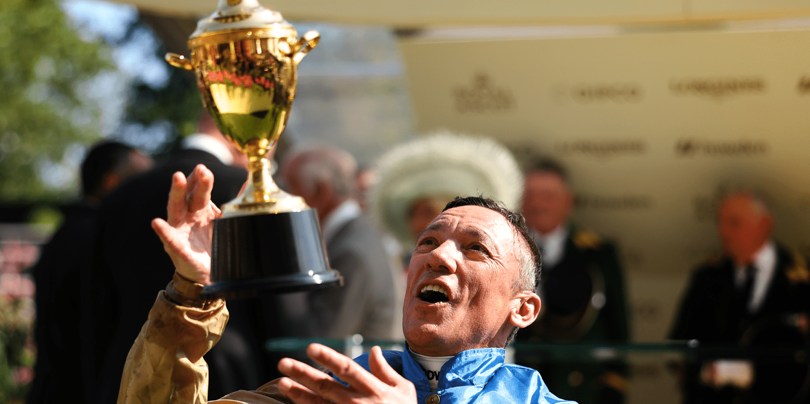 Horse racing jockey Frankie Dettori smiling at Ascot Racecourse after winning the 2023 Gold Cup