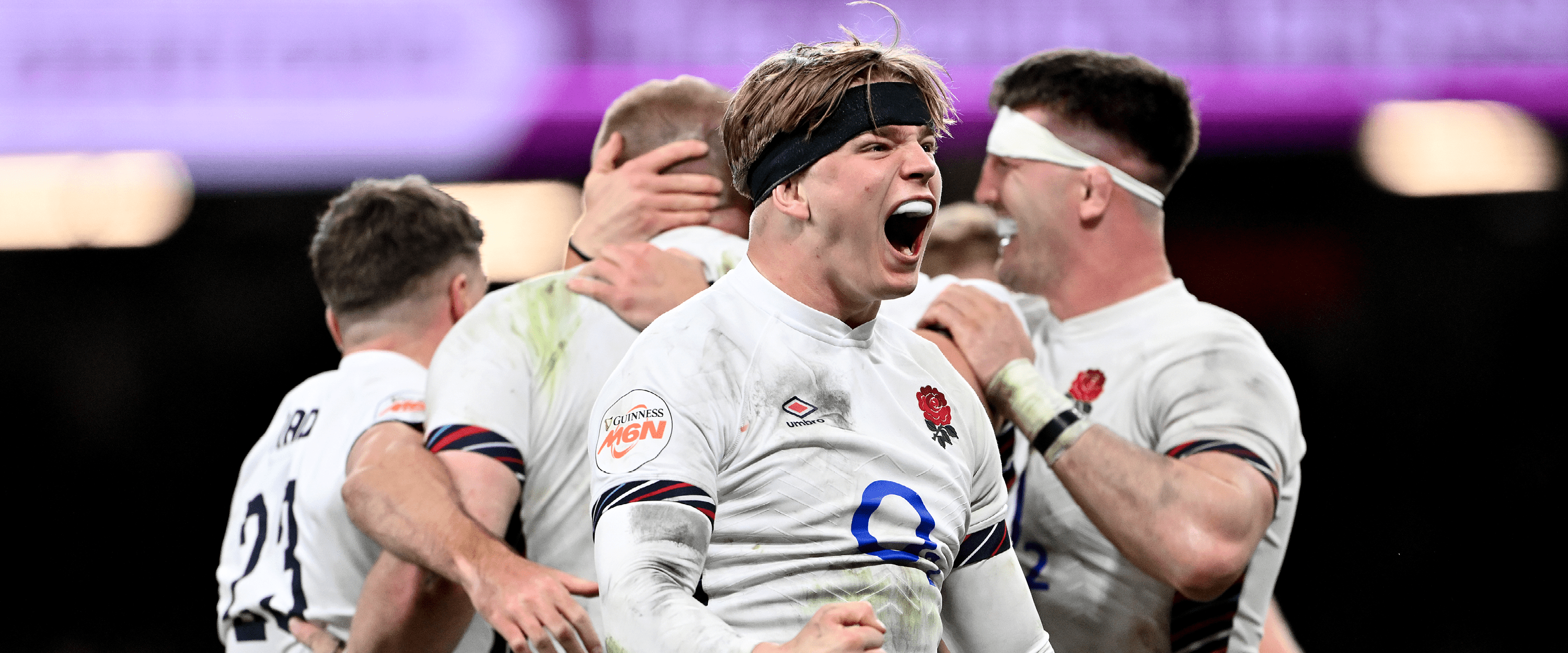 England Rugby player Henry Pollock cheering celebrating scoring a try in a match for the Guinness Mens Six Nations against Wales