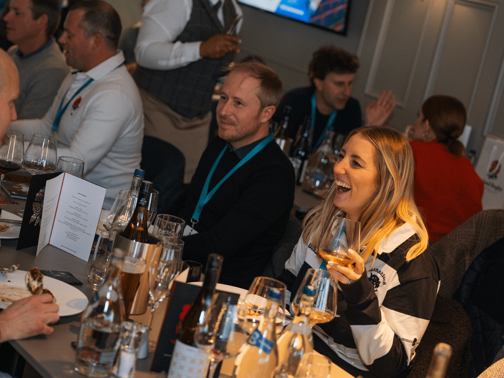 Guest in hospitality at England Rugby match at Allianz Stadium Twickenham smiling