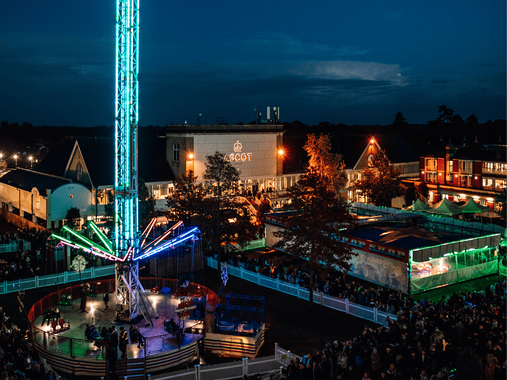 View of Ascot Racecourse for the fireworks family spectacular horse racing event in November