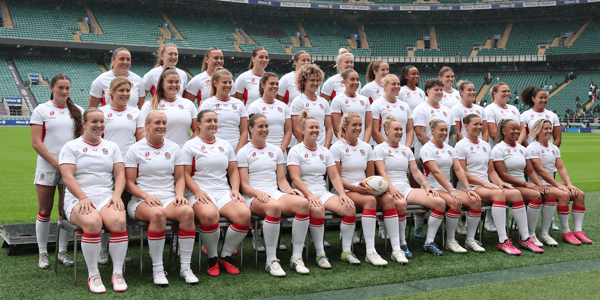 Red Roses rugby world cup squad line up for photoshoot at the home of england rugby - Allianz Stadium Twickenham