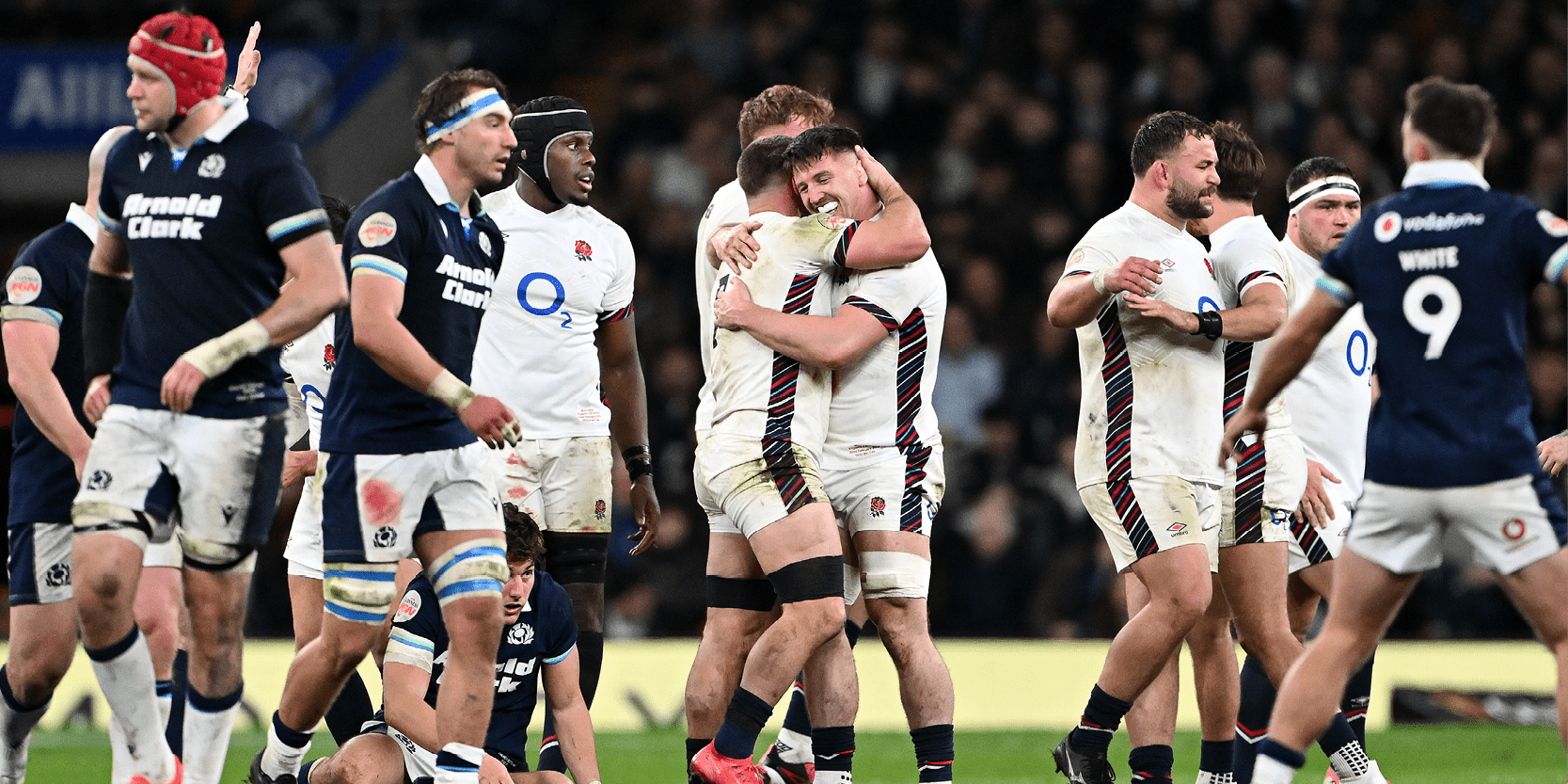 England Rugby team celebrating a win over Scotland in the 2025 Guinness Men's Six Nations