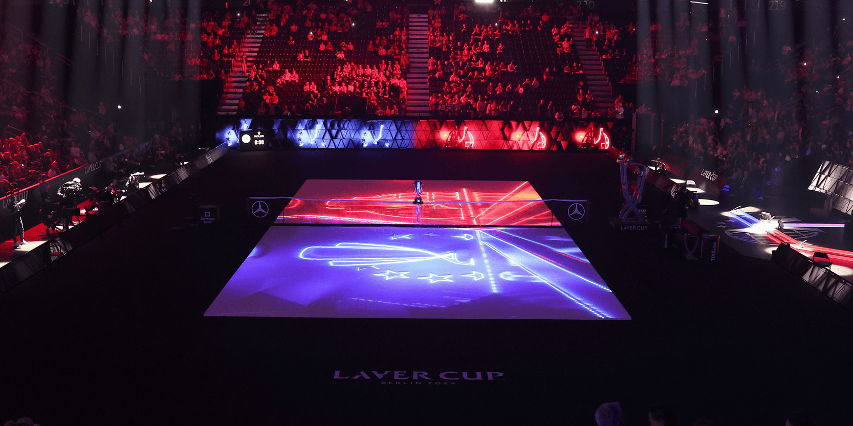 Laver Cup tournament tennis court with lights