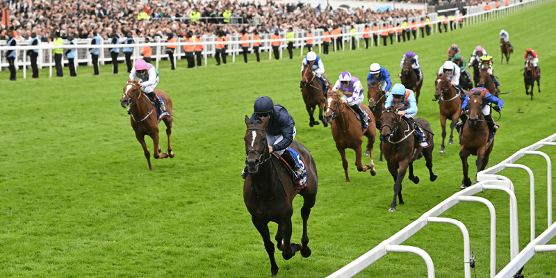 The Epsom Derby winner in 2025 racing down the home straight to take the win