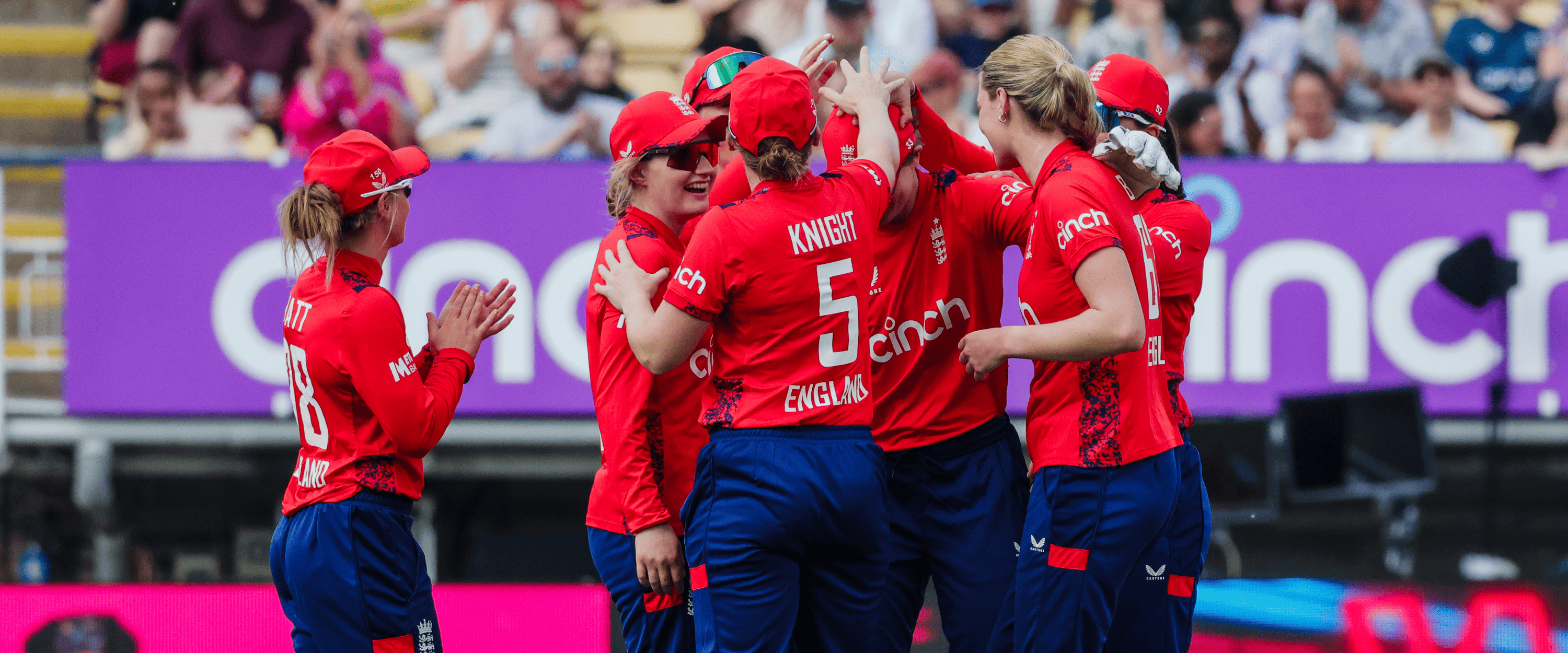 England women's T20 cricket team cheering and celebrating a win at Edgbaston Stadium
