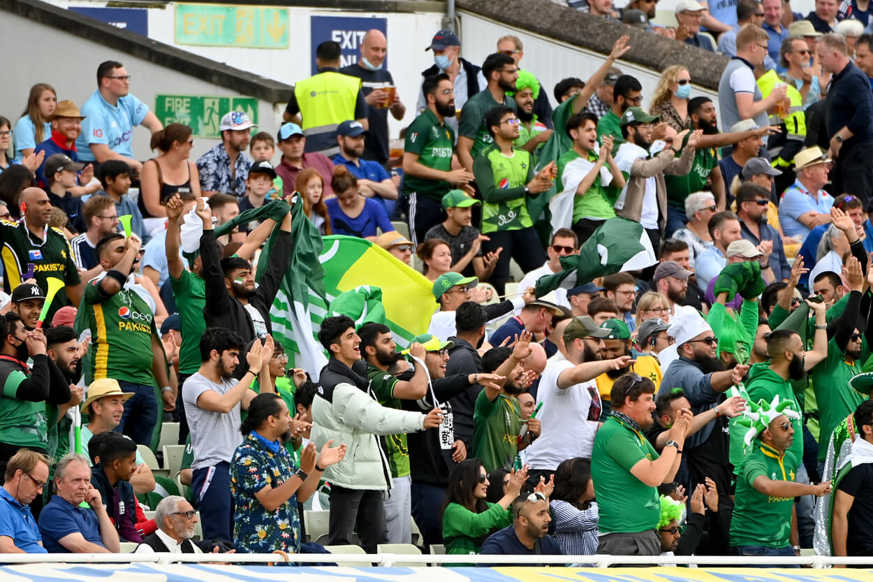 Pakistan cricket fans cheering in the stands at Edgbaston Stadium