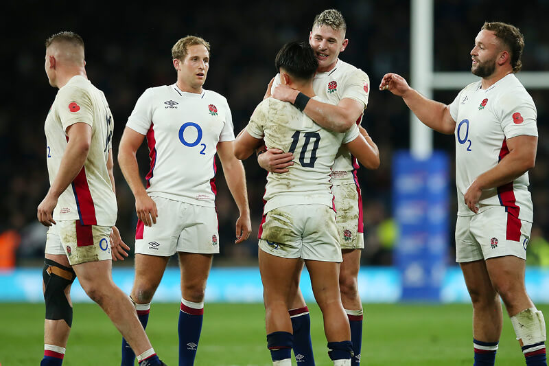 England rugby team celebrating a score at Twickenham Stadium during the autumn internationals