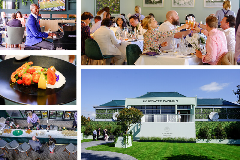 Rosewater Pavilion hospitality space at Wimbledon showing different areas including the entrance and dining