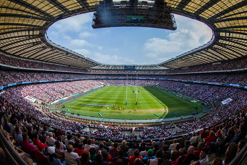 View of Twickenham Stadium rugby pitch and crowd