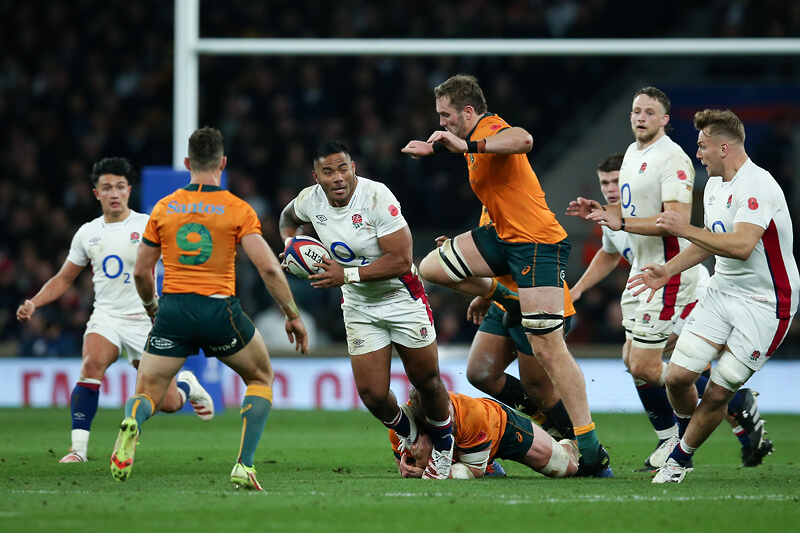 England rugby team with the ball in their match against Australia in the autumn internationals