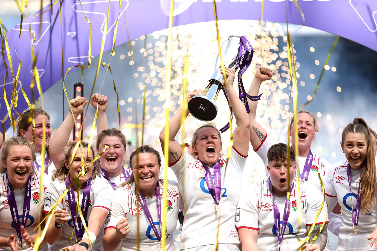 England women's rugby team the Red Roses lifting the TikTok Women's Six Nations 2023 trophy at Twickenham Stadium smiling and celebrating