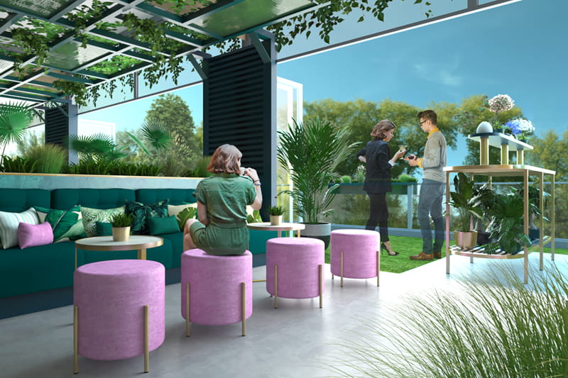 Outdoor lounge area inside The Treehouse hospitality offering at The Championships, Wimbledon 2022