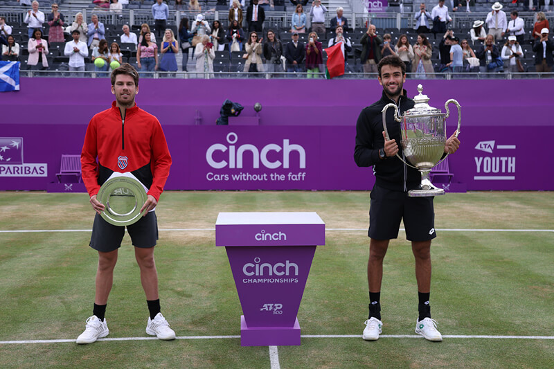 Cameron Norrie and Matteo Berrettini at the 2021 cinch Championships finals at The Queen's Club with their trophy's