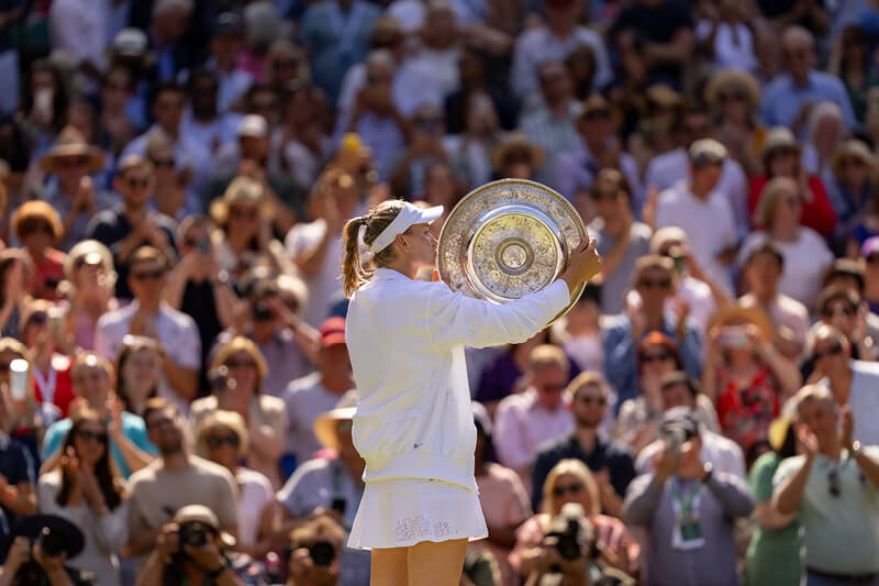 Elena Rybakina holding the Venue Rosewater dish after winning the Ladies singles championship at Wimbledon