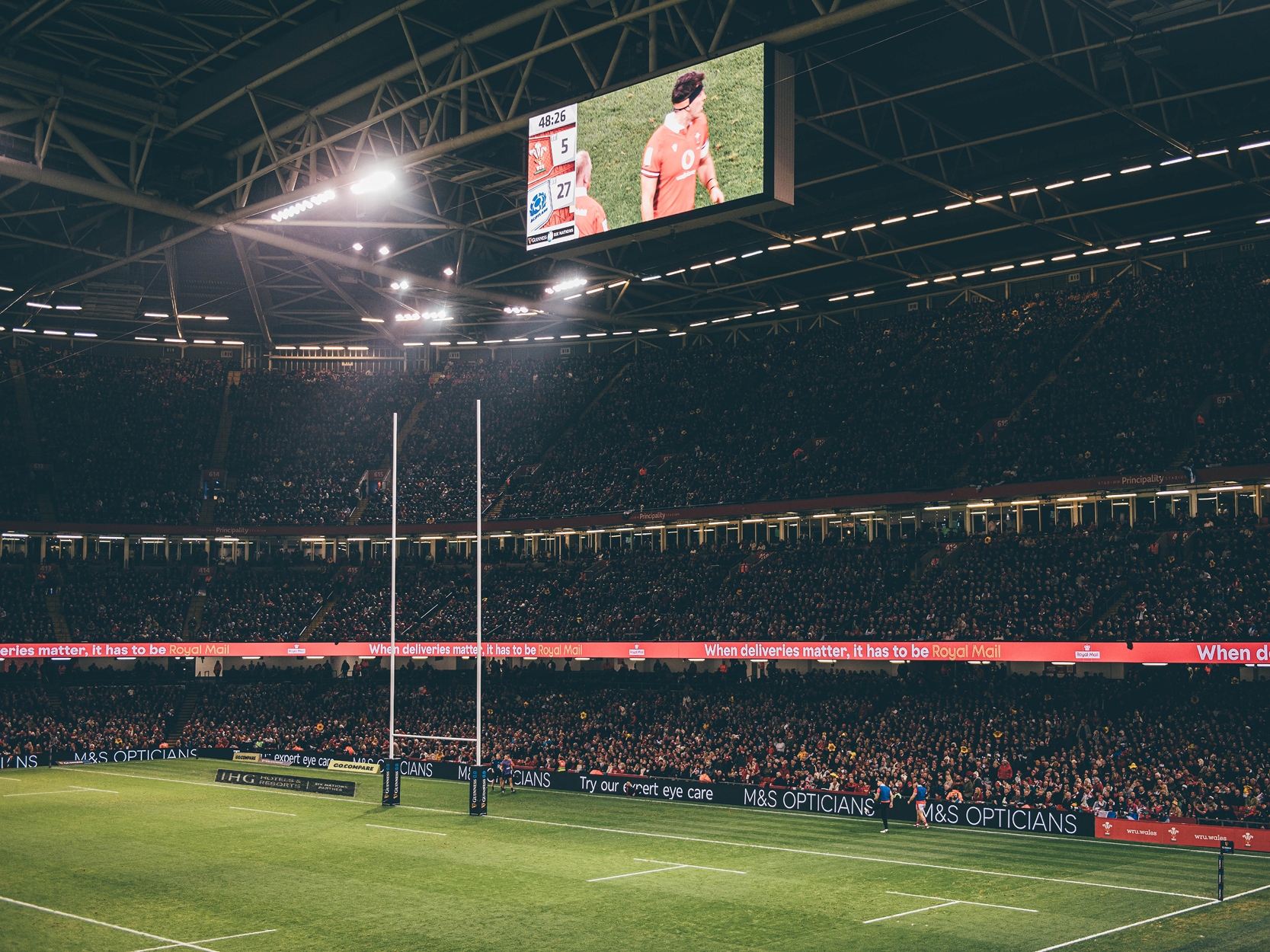 View of the rugby pitch at Principality Stadium during a Welsh rugby union match for the Six Nations