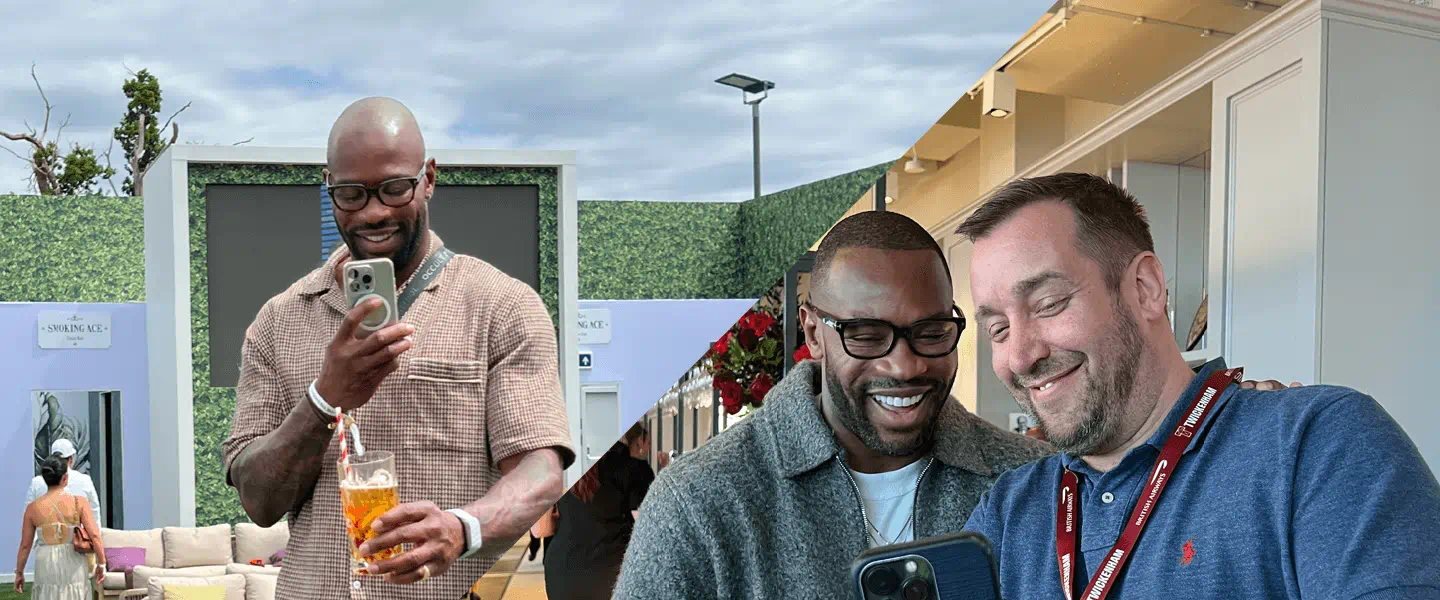 Ugo Monye attending The Championships, Wimbledon and taking a selfie with a guest at the rugby at Allianz Stadium 