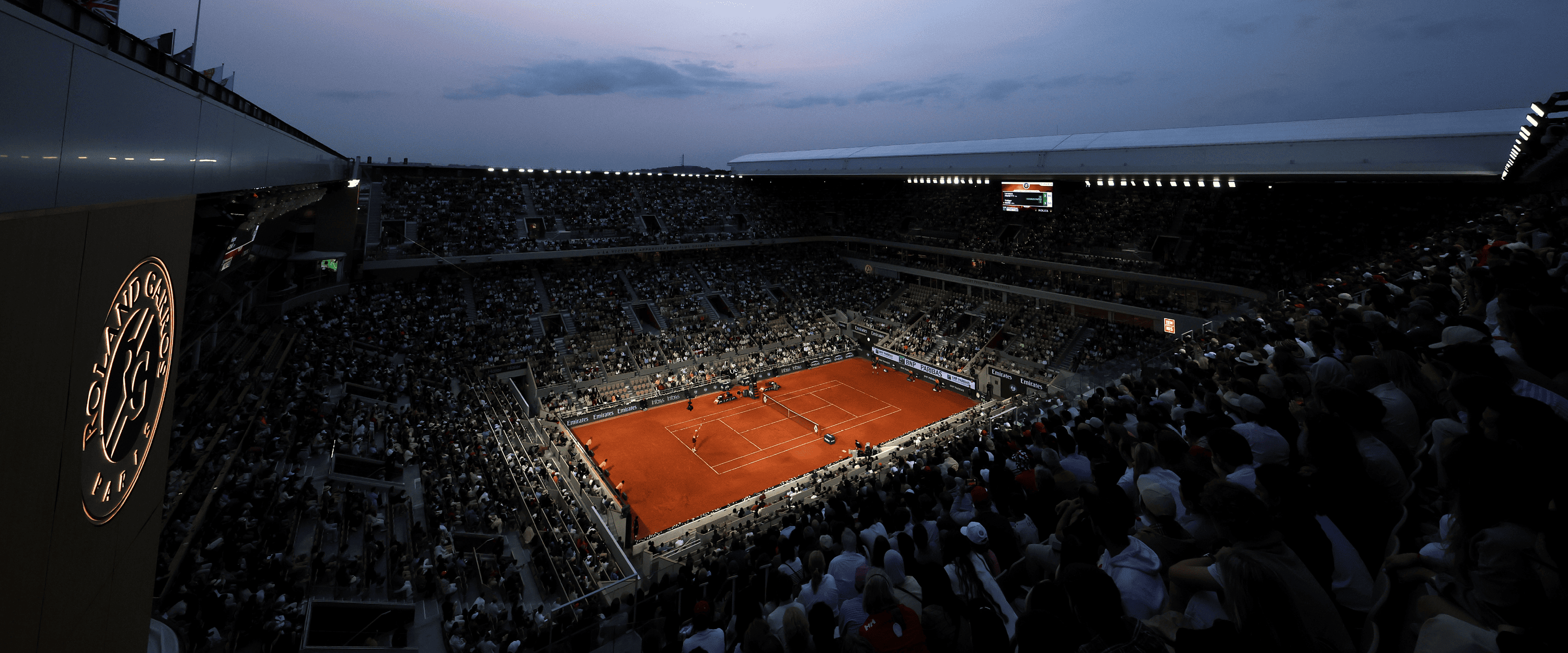 Roland Garros French Open tennis court in 2026 under the night