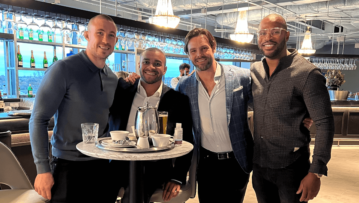 Ugo Monye, Jonathan Joseph and Mike brown in The East Wing at Allianz Stadium