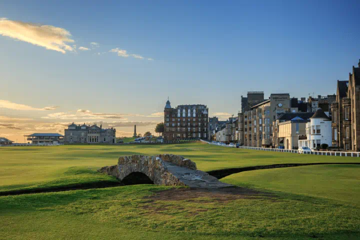 Swilcan Bridge overlooking the 18th hole on the Old Course, St Andrews.