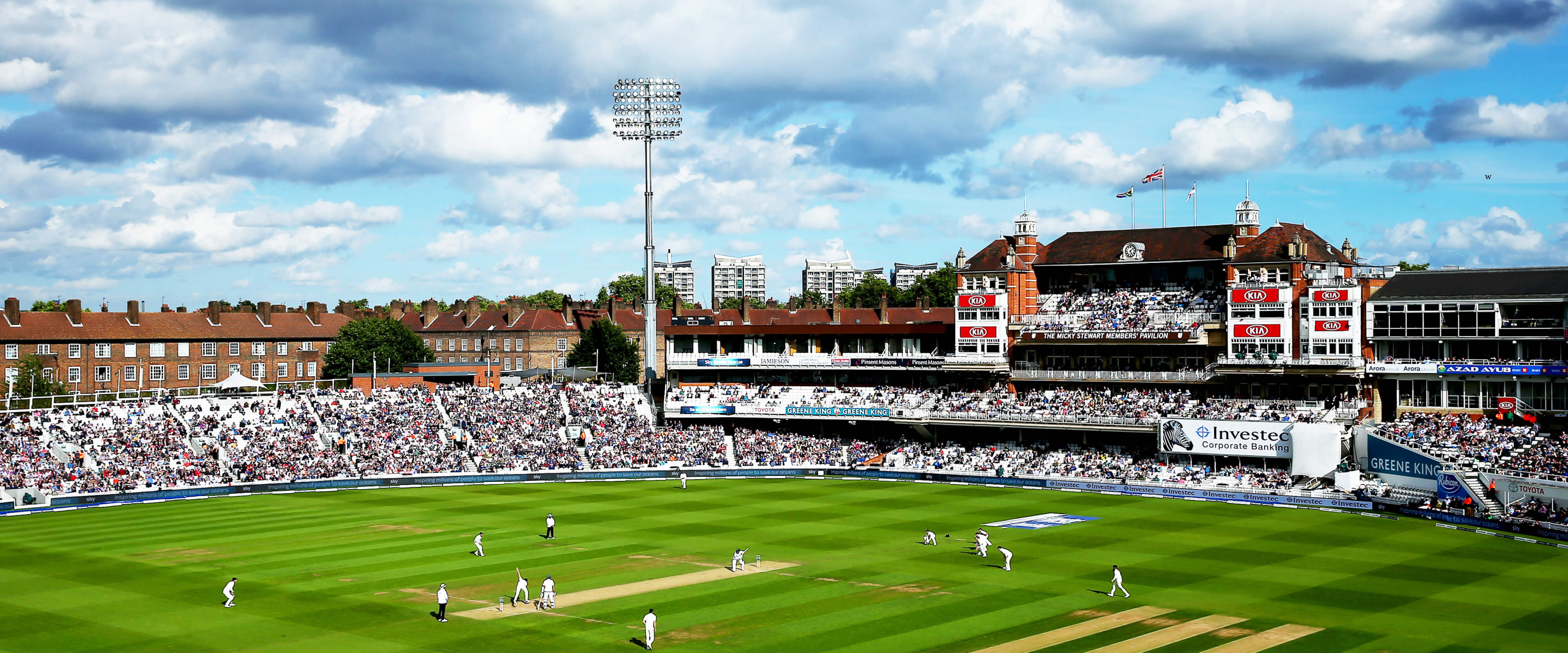 The Kia Oval in the summer during a Test Match, showcasing the JM Finn Stand 